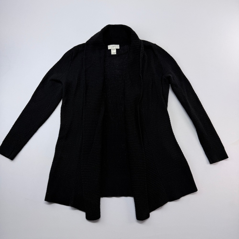LOFT Petites Black Open Front Cardigan Shawl Collar Waffle Knit Sweater SP